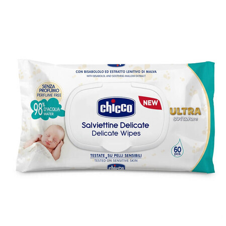 Toallitas húmedas SoftPure con solapa, +0 meses, 60 unidades, Chicco