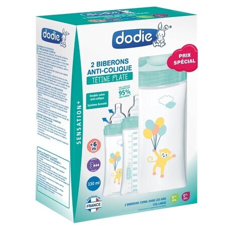 Set van 2 zuigflessen met sensorische functie en anti-colische platte speen Flow 3, Air, 2x330 ml, +6 maanden, Dodie