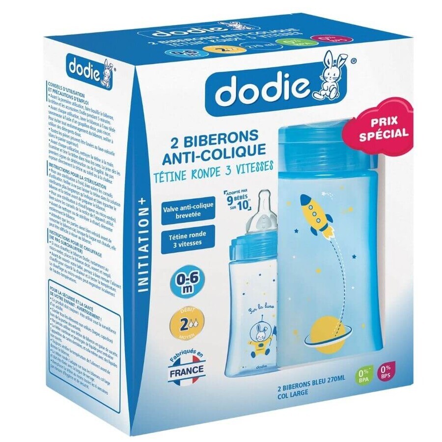 Set 2 Biberón para iniciación anticólicos, Cosmonauta, 2x270 ml, 0-6 meses, Dodie