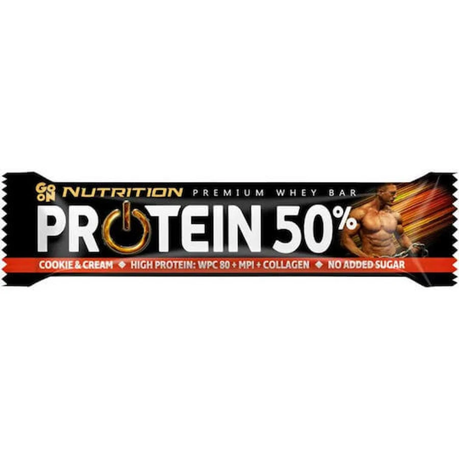 Go On Nutrition Premium Whey 50 Barres avec 50% de protéines et saveur Cookies & Cream 24x40gr
