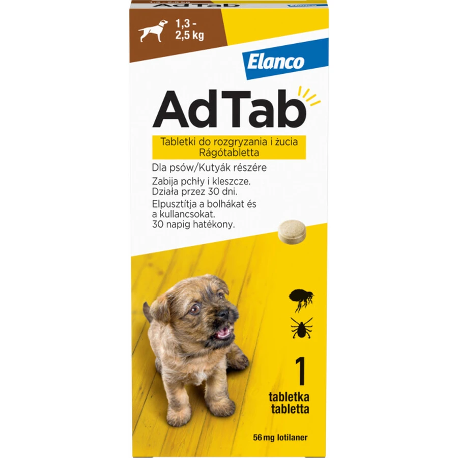 AdTab 56 mg tabletki do żucia dla psów przeciw pchłom i kleszczom (1,3-2,5 kg) - 1 tabletka: ceny i cechy