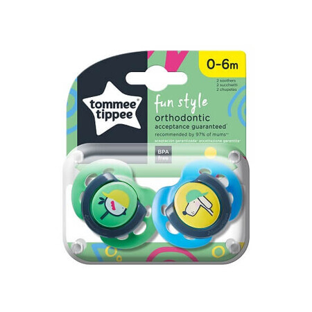 Suzete ortodontice de zi pasare/caine Fun, 0-6 luni, 2 buc, Tommee Tippee