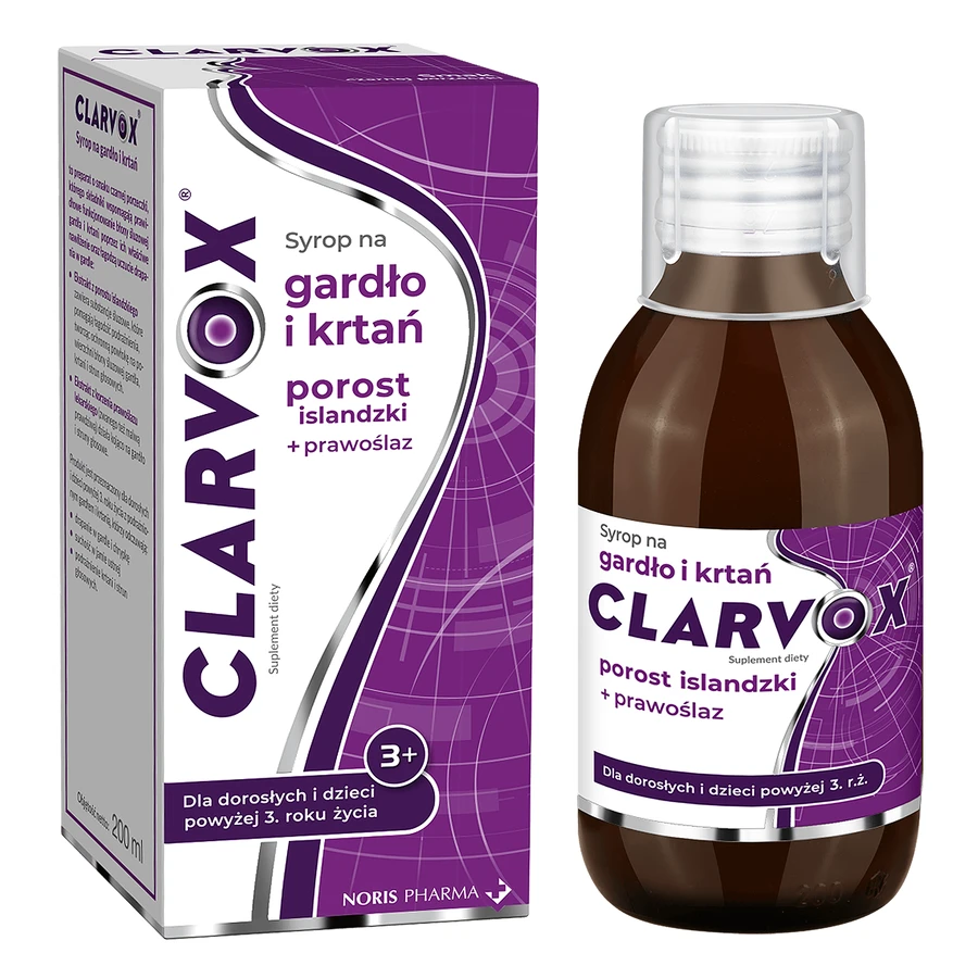 Clarvox Syrup for the throat and larynx for adults and children 3 years and older, lichen Icelandica + Orthoplasm, 200 ml