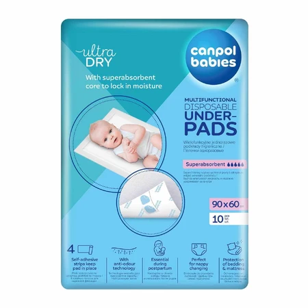Set Canpol Babies, tampoane sanitare multifuncționale, de unică folosință, cu benzi adezive, 90 cm x 60 cm, 2 x 10 bucăți