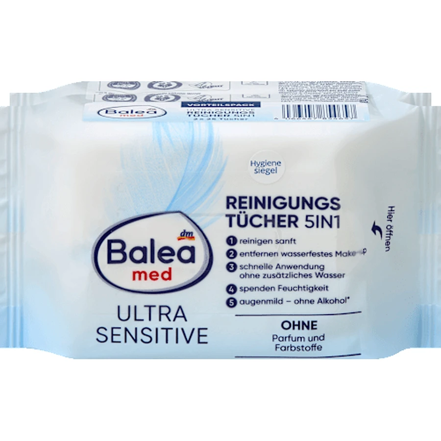 Balea Ultra Sensitive Reinigingsdoekjes Ultra Sensitive 5in1, 50 stuks