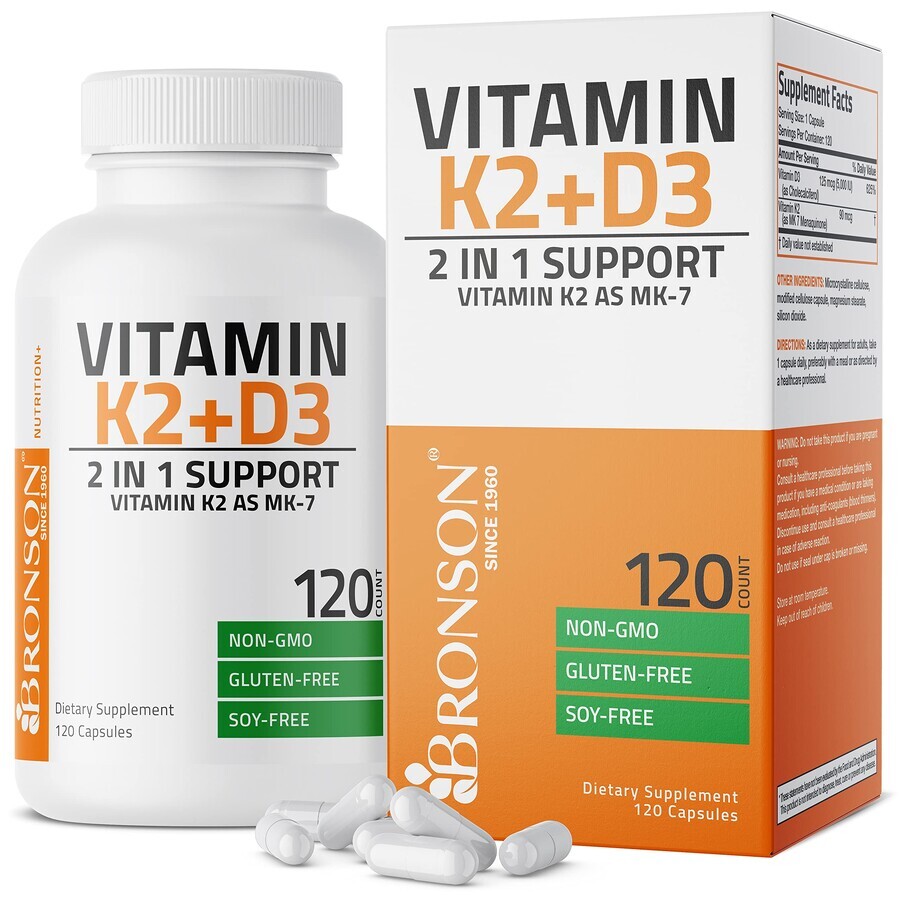 Vitamina K2 90 mcg + Vitamina D3 5000 IU, 120 cápsulas, Laboratorios Bronson