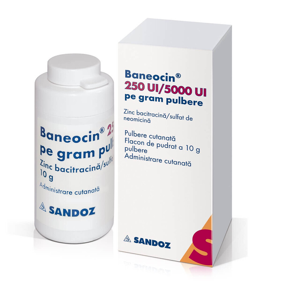 Baneocin en polvo, 250 UI/5000 UI por gramo, 10 g, Sandoz