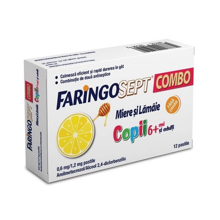 Faringosept Combo Miel y Limón 0,6 mg/1,2 mg, niños mayores de 6 años y adultos, 12 comprimidos, Terapia