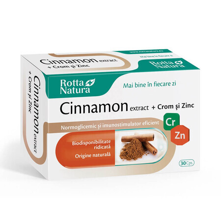 Cinnamon Extract + Crom și Zinc, 30 capsule, Rotta Natura