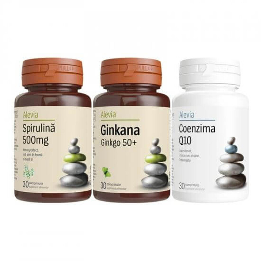 Pachet Spirulina 500 mg, 30 comprimate + Ginkana Ginkgo 50+, 30 comprimate + Coenzima Q10, 30 comprimate, Alevia