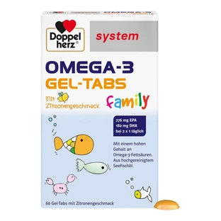 Sistemul Doppelherz Omega-3 Family Gel-Tabs cu aromă de lămâie 60 Capsule