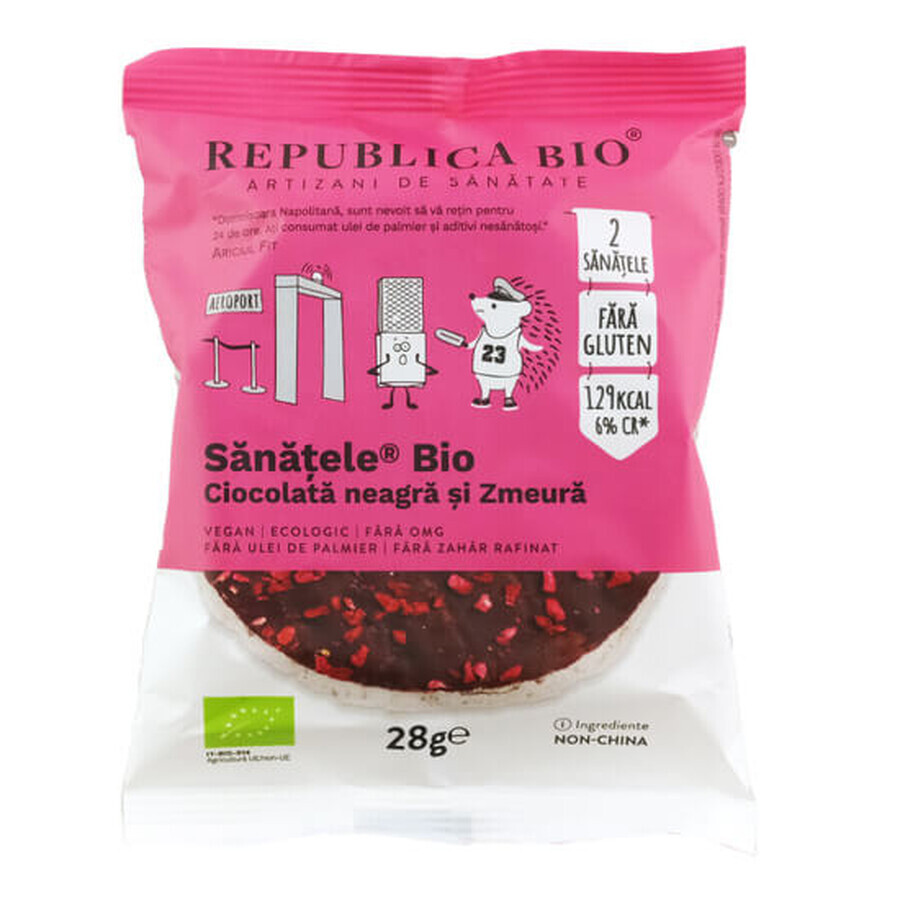 Chocolate negro ecológico, frambuesas y arroz integral, sin gluten, 28g, Republica Bio