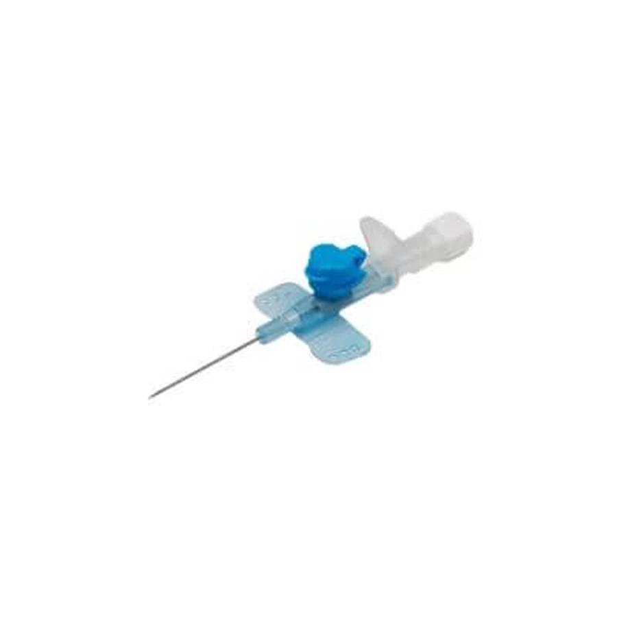 Ac de canulă bidirecțional din oțel inoxidabil de calibru 22 0,9x25mm cu siliconizare externă, capac luer lock și aripi laterale culoare albastru 50 bucăți