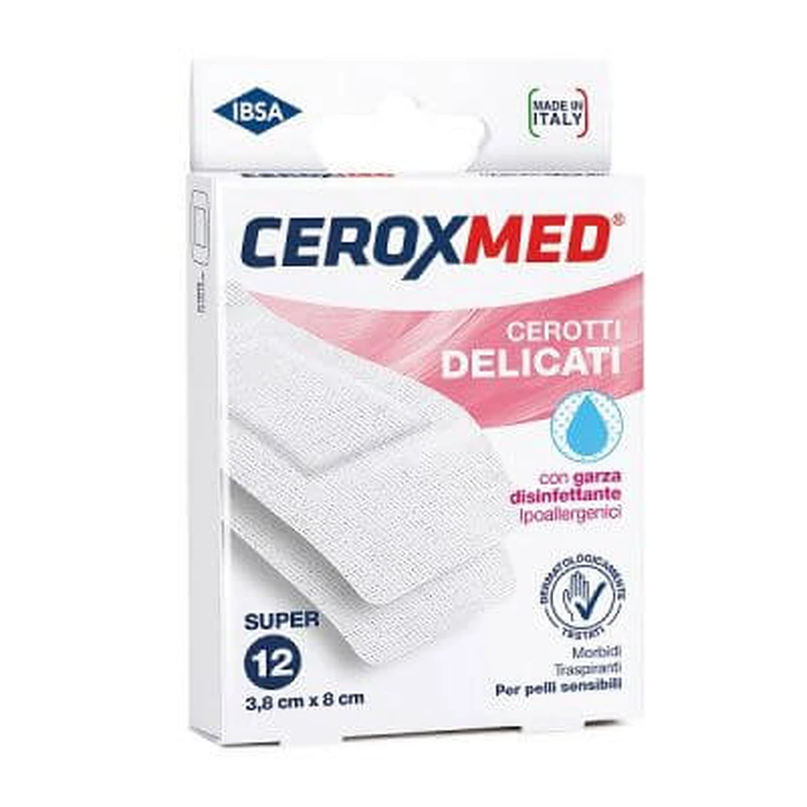 ceroxmed plasturi blânzi cu tifon hipoalergenic dezinfectant pentru piele sensibilă super 3.8x8cm 12 bucăți