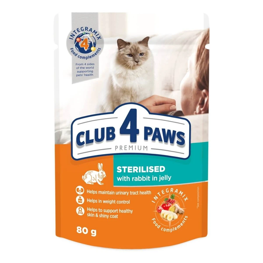 CLUB 4 PAWS Premium Sterilized, Rabbit, bustina di cibo umido per gatti sterilizzati, (in aspic), 80g