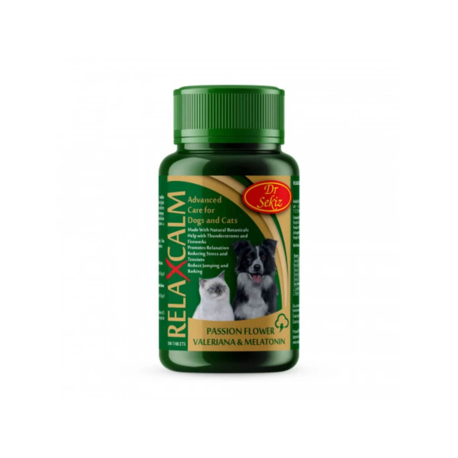 DR. SEKIZ Relaxcalm, XS-XL, supplément pour le système nerveux et l'apaisement pour chiens et chats, flacon, 100 comprimés