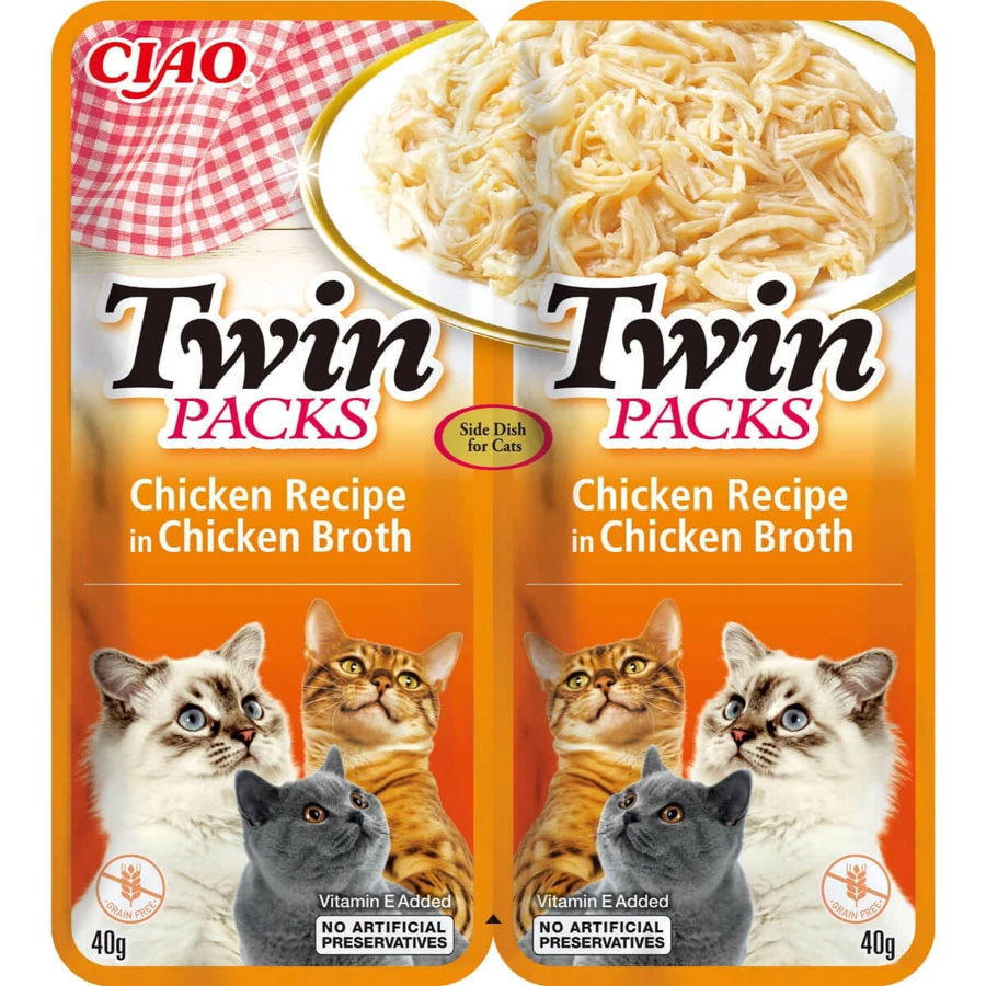 INABA Ciao Twin Packs, Huhn, Beutel getreidefreies Katzennassfutter, (Topping), 80g