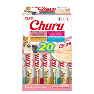 INABA Churu Churu Tonijn & Zeevruchten Variëteiten (Tonijn en Zalm|Garnalen|Bonito Bonen|Zeevruchten), blik, graanvrije kat beloningskoker, (topping), 280g