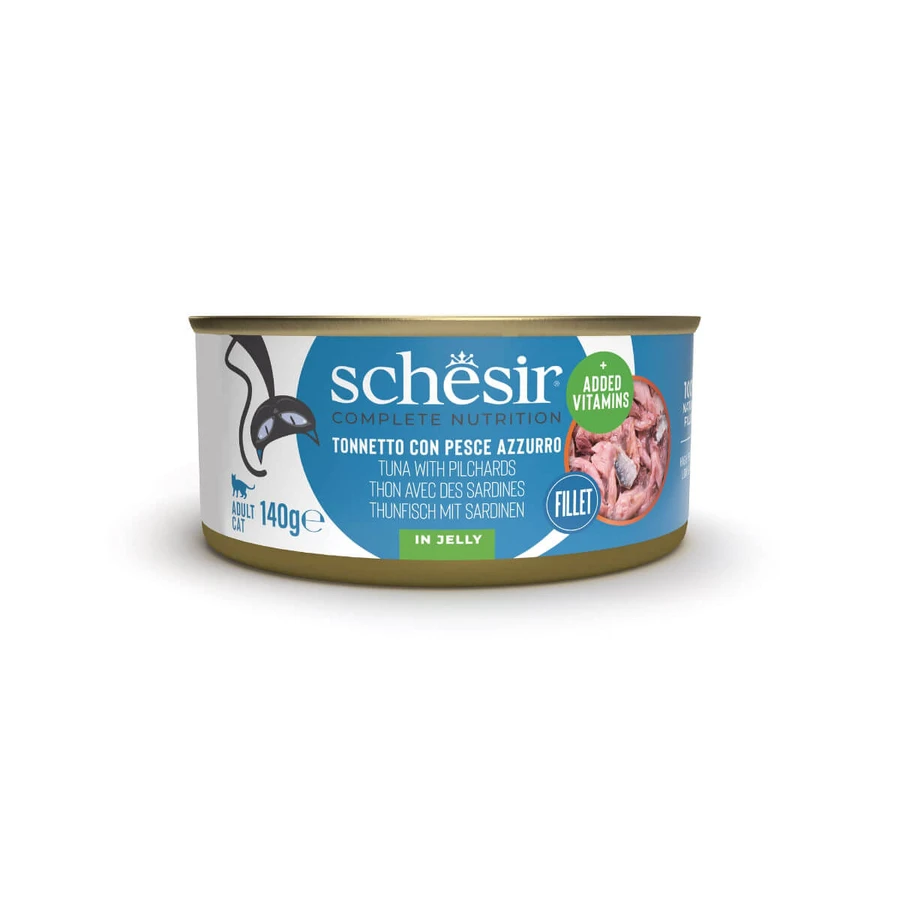 SCHESIR Complete Nutrition, Ton și Sardine, conservă hrană umedă pisici, (în aspic), 140g