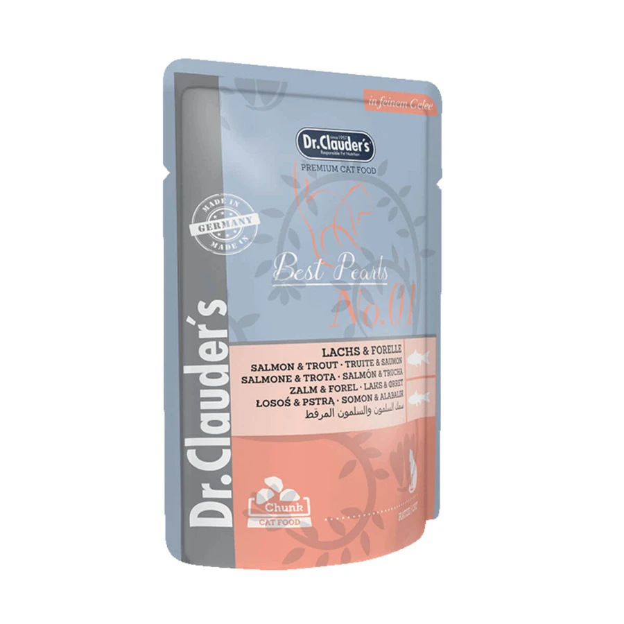 DR. CLAUDER'S, Somon și Păstrăv, plic hrană umedă pisici, (în aspic), 100g