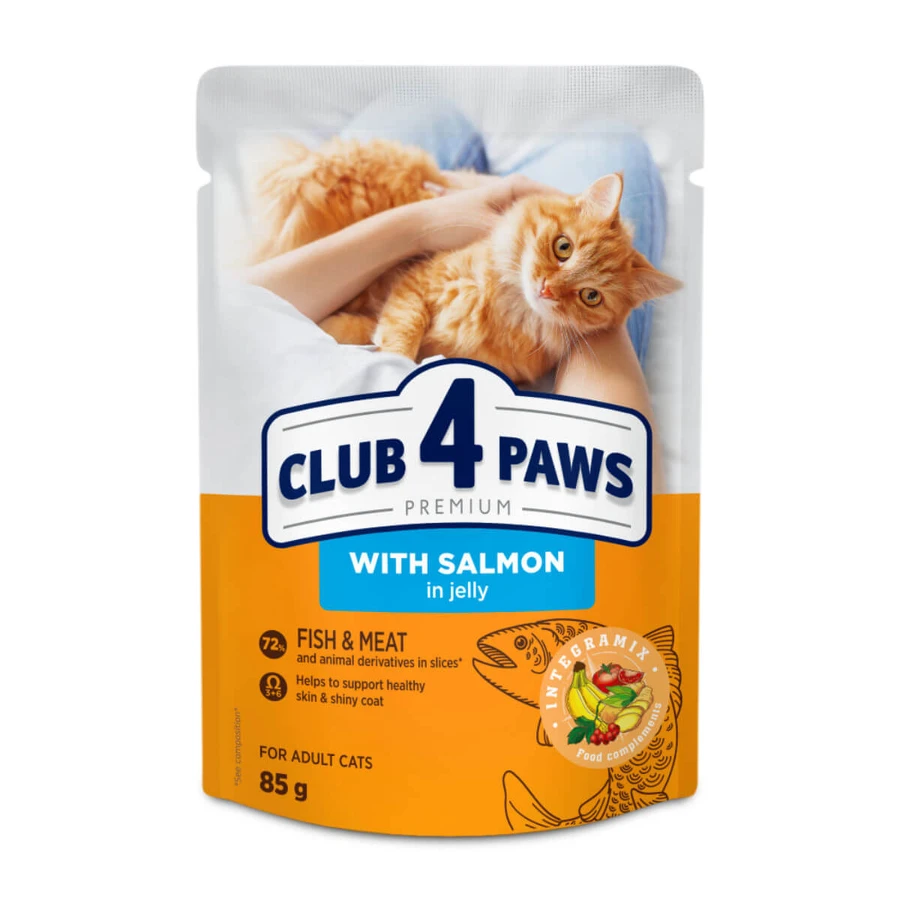 CLUB 4 PAWS, Salmone, bustina di cibo umido per gatti, (in aspic), 85g
