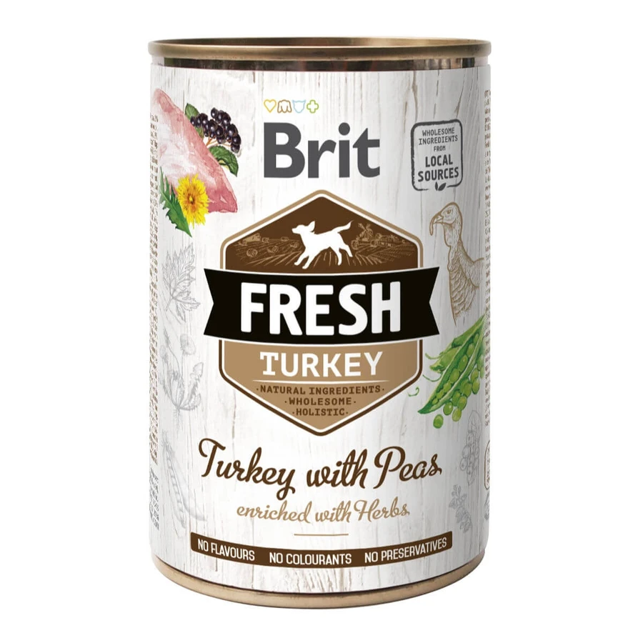BRIT Fresh, Tacchino con piselli, cibo umido in scatola a basso contenuto di cereali per cani, (in aspic), 400g