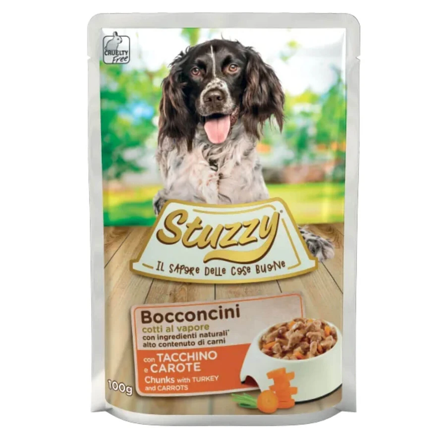 STUZZY Chunks, XS-XL, Tacchino e Carota, cibo umido in bustina per cani, (nel proprio succo), 100g