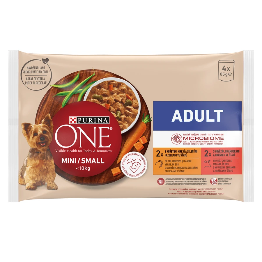 PURINA One Mini Adult, 2 gusti, bustine multipack di cibo umido per cani, (in salsa), 85g x 4
