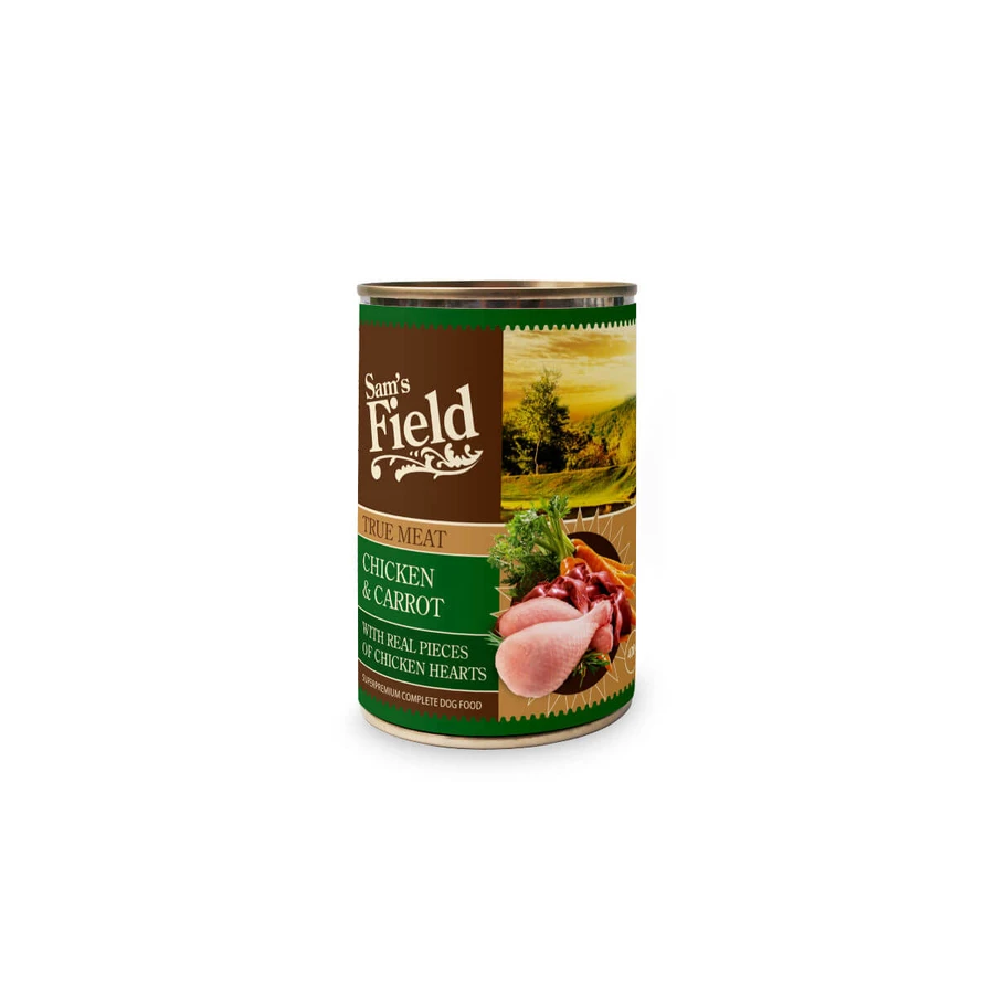 SAM'S FIELD True Meat, XS-XL, Kip en Wortel, graanvrij nat hondenvoer in blik, (in aspic), 400g
