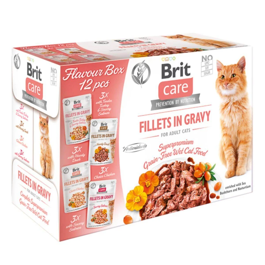 BRIT Care Smaakdoos Filet In Jus, 4 smaken, zakje graanvrij natvoer voor katten, (in jus), 85g x 12