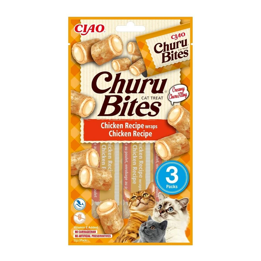 INABA CIAO Churu Bites, Pui, recompense fără cereale pisici, pernute umplute, 10g x 3