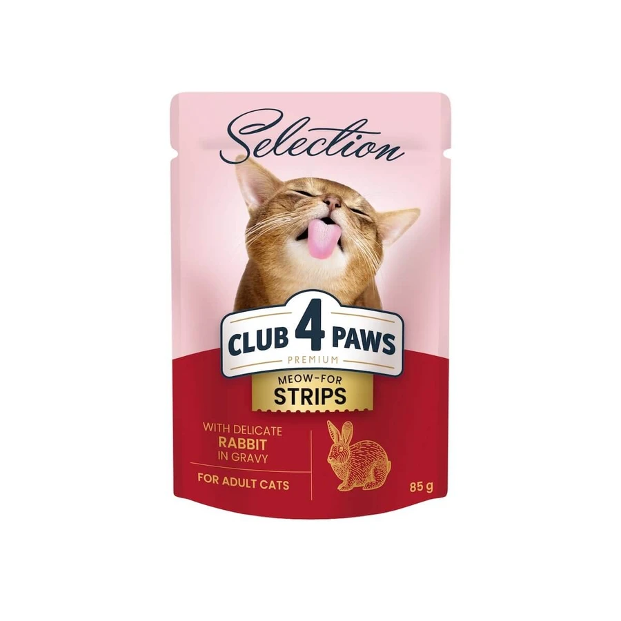 CLUB 4 PAWS Premium Selection Strips, Rabbit, sachet de nourriture humide pour chats, (en sauce), 85g