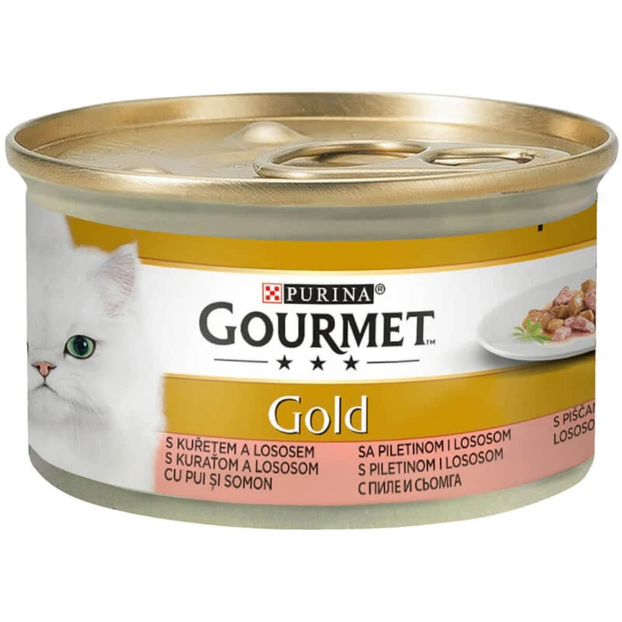 PURINA Gourmet Gold, Chicken and Salmon, canned moist cat food, (pieces in sauce), 85g