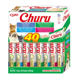 INABA Churu Churu Varietà Cremose, Tonno e Frutti di Mare, scatola di ricompensa per gatti senza cereali, (purea), 560g