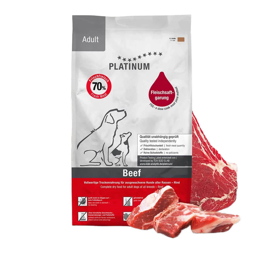 PLATINUM Adult, XS-XL, Carne de vacuno, alimento seco sin cereales para perros, semimoist, 5kg