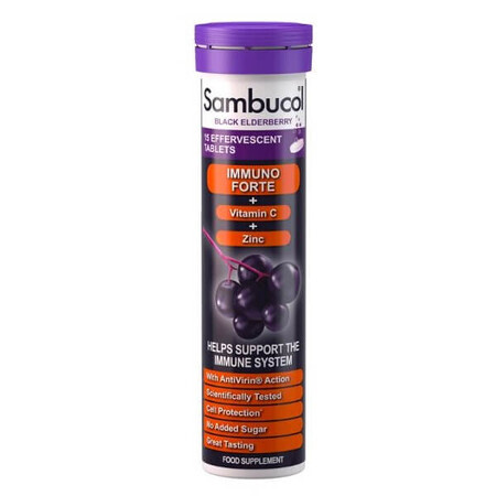 Saúco Negro, Vitamina C y Zinc Comprimidos Efervescentes Immuno Forte, 15 comprimidos, Sambucol