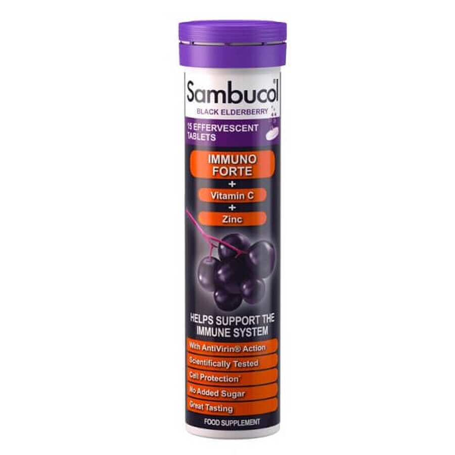 Saúco Negro, Vitamina C y Zinc Comprimidos Efervescentes Immuno Forte, 15 comprimidos, Sambucol