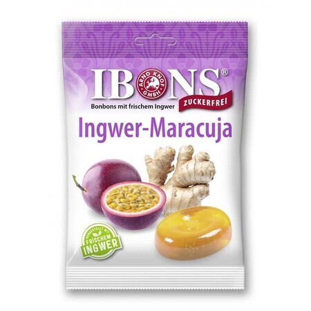 Bonbons à sucettes sans sucre, Gingembre & Fruit de la passion, 75 g, Ibons