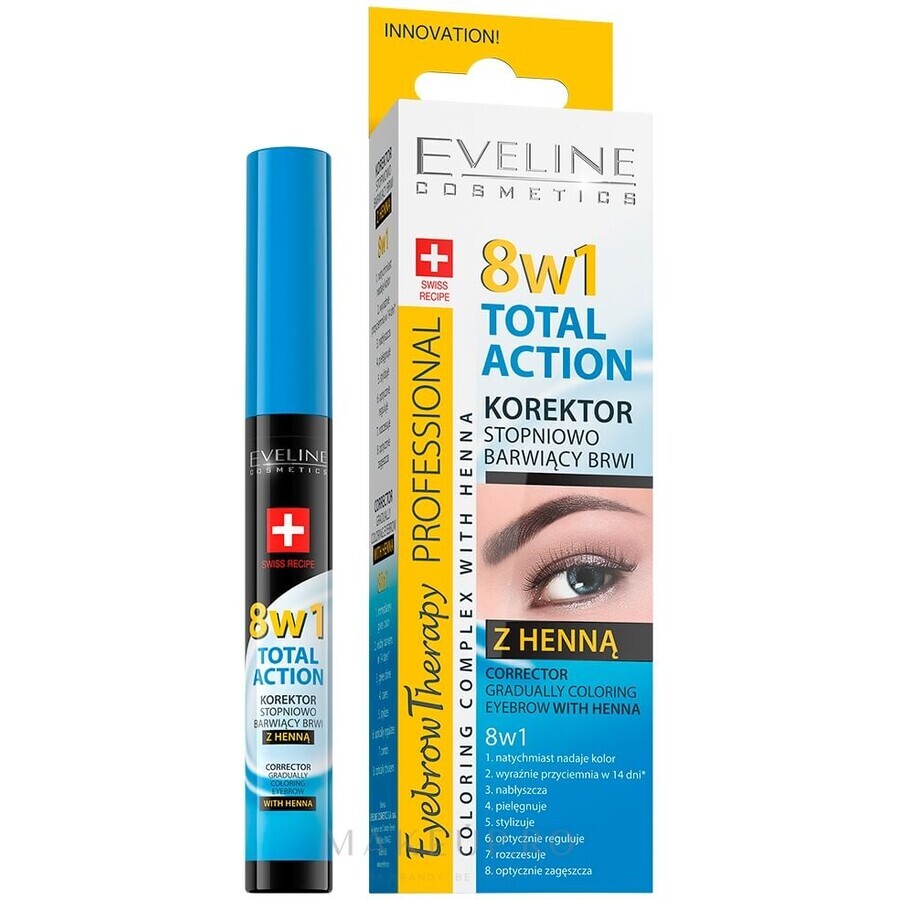 Corrector de cejas con henna 8 en 1 Acción Total, 10 ml, Eveline Cosmetics