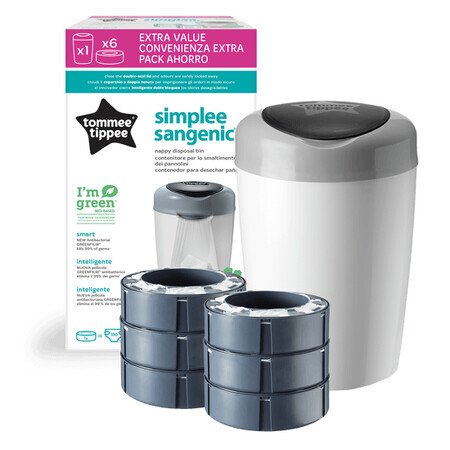 Windelkorb + 6 Nachfüllpackungen Sangenic Simplee Recycelbar, Weiß mit Grau, Tommee Tippee