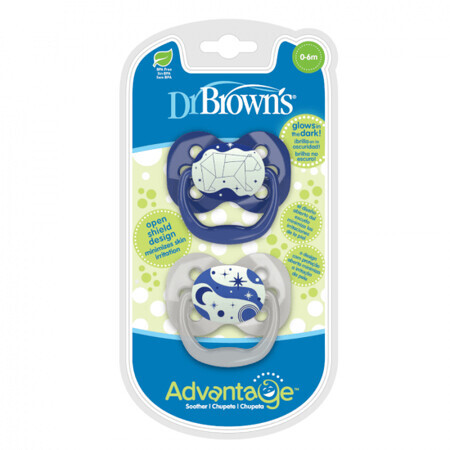 Set de 2 chupetes Advantage de silicona azul con capuchón, 0-6 meses, Dr Brown`s