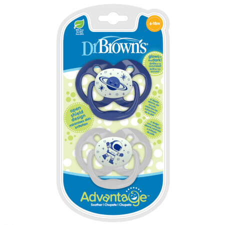 Lot de 2 sucettes en silicone Advantage Blue avec couvercle, 6-18 mois, Dr Brown`s