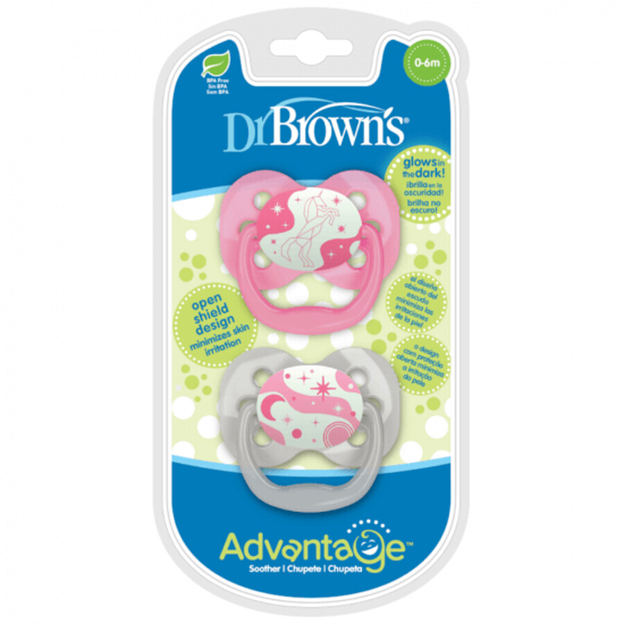 Lot de 2 sucettes en silicone rose Advantage avec couvercles, 0-6 mois, Dr Brown`s