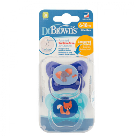 Set de 2 chupetes de silicona PreVent diseño Mariposa Azul, 6-18 meses, Dr Brown`s