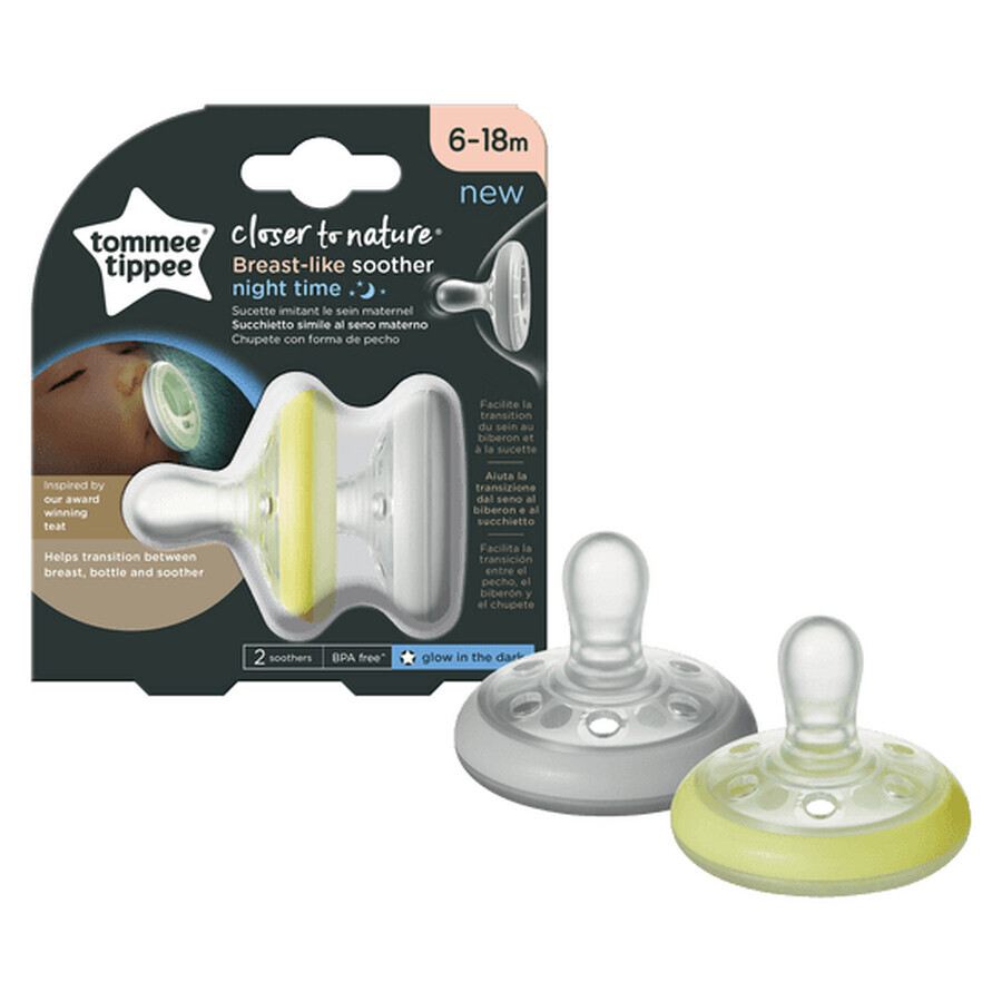 Sucette allaitement plus proche de la nature, 6-18 mois, 2 pièces, blanc/jaune, Tommee Tippee