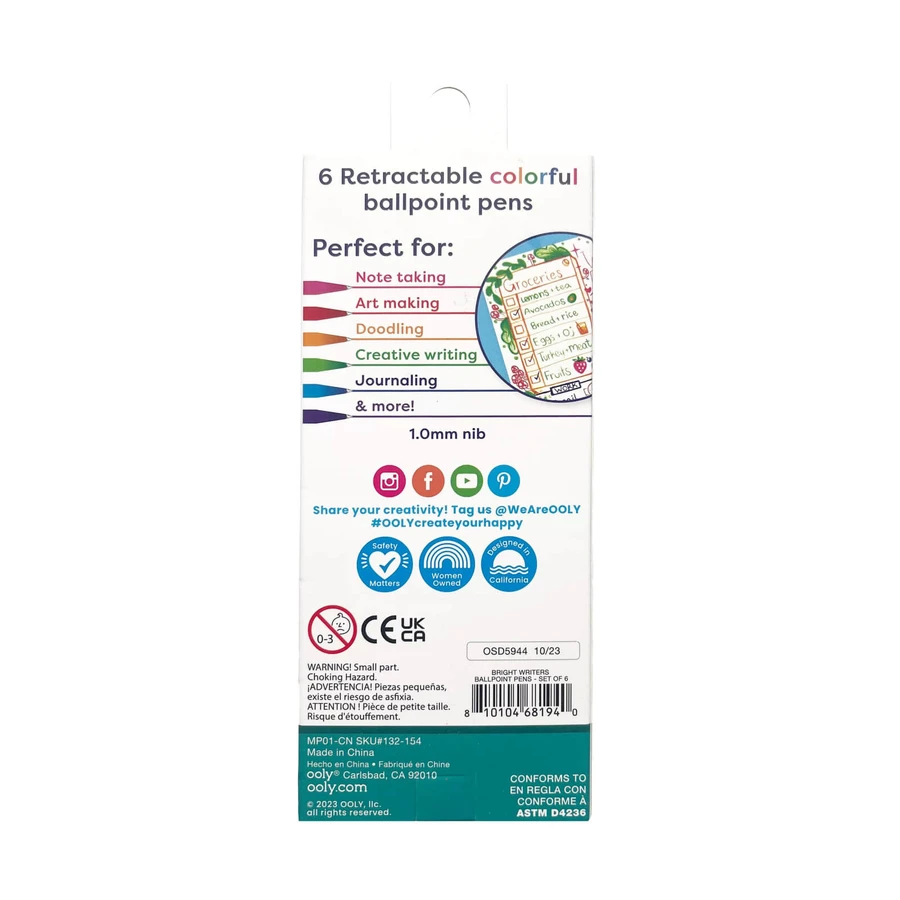 Bright Writers retractable colored pens - set of 6