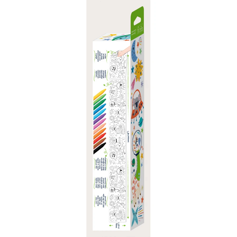 Kit rola de desenat autoadeziva - 3 m si 12 creioane colorate cerate, Spatiu - Haku Yoka
