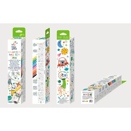 Kit rola de desenat autoadeziva - 3 m si 12 creioane colorate cerate, Spatiu - Haku Yoka