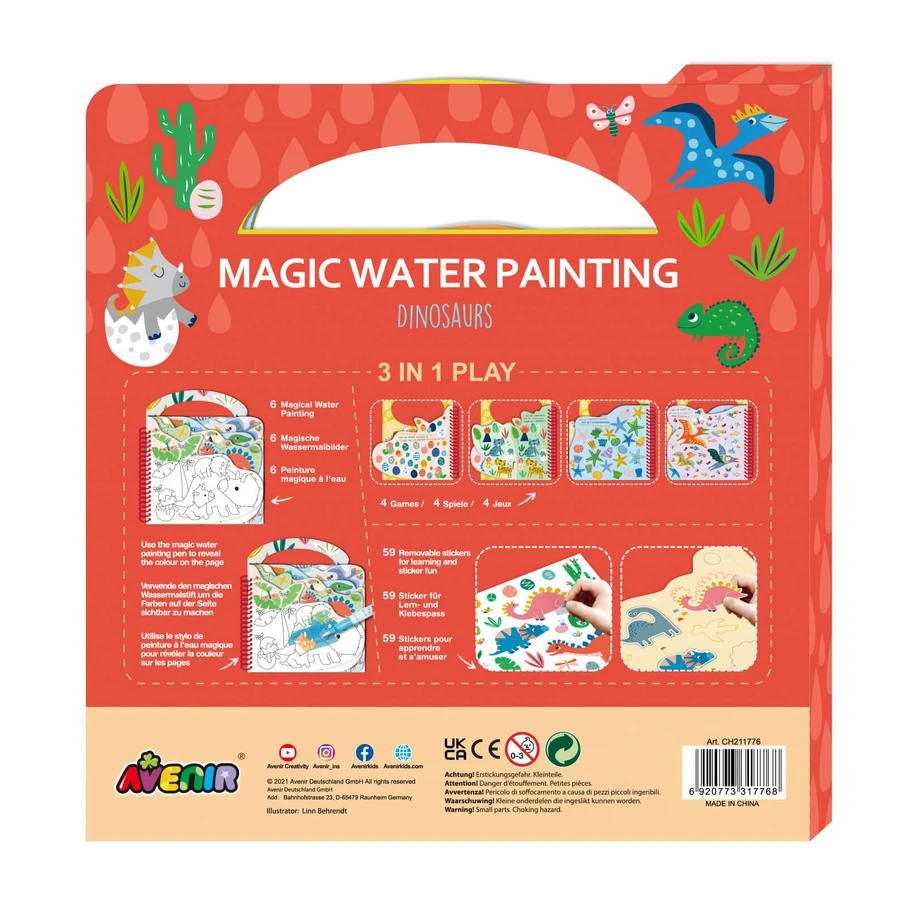Draagbaar aquarelverfboek, stickers en spelletjes - Dinosaurussen