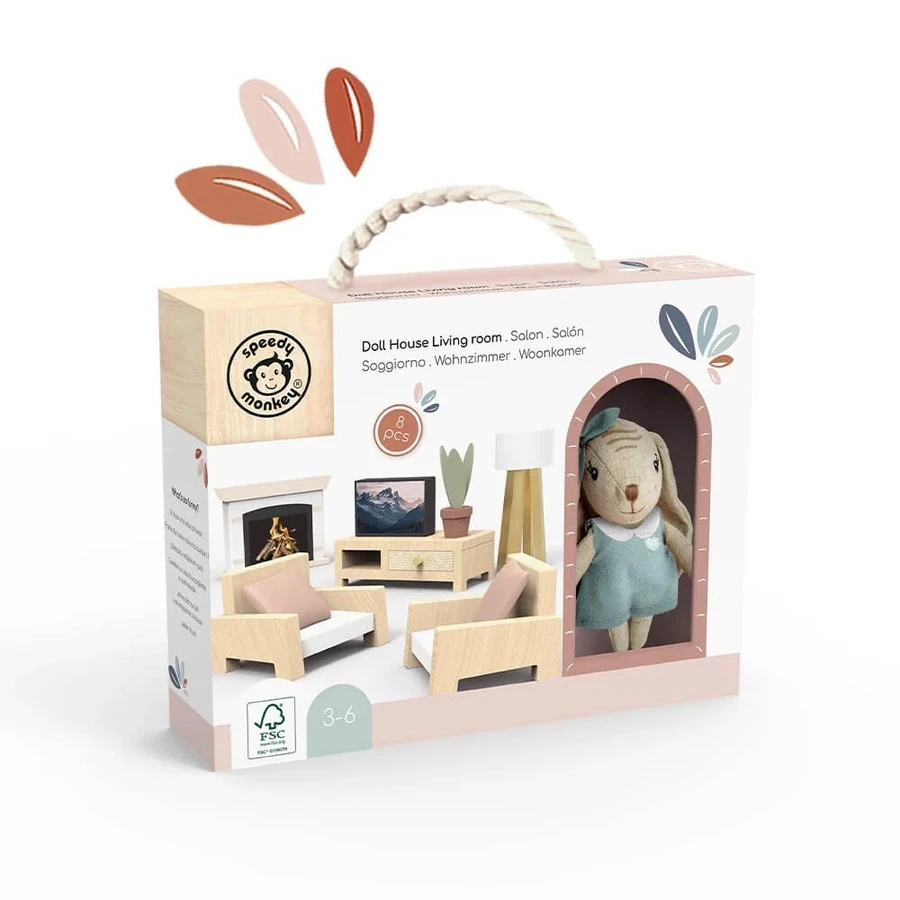 Zestaw mebli do salonu dla domku dla lalek, Speedy Monkey: ceny i cechy